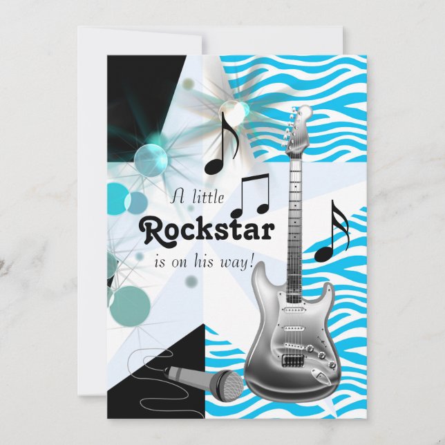 Invitation Baby Shower Garçon Rock Star Zèbre Bleu Turquoise (Devant)