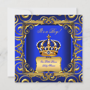 Invitation Baby Shower Garçon Royal Bleu Damassé Couronne Dor