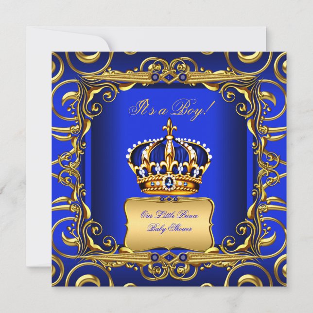 Invitation Baby shower Garçon Royal Blue Damask Gold Crown 2 (Devant)