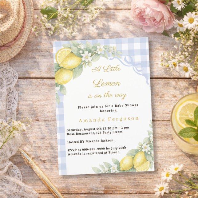 Invitation Baby Shower garçon ruban bleu gingham citron citru (Créateur téléchargé)