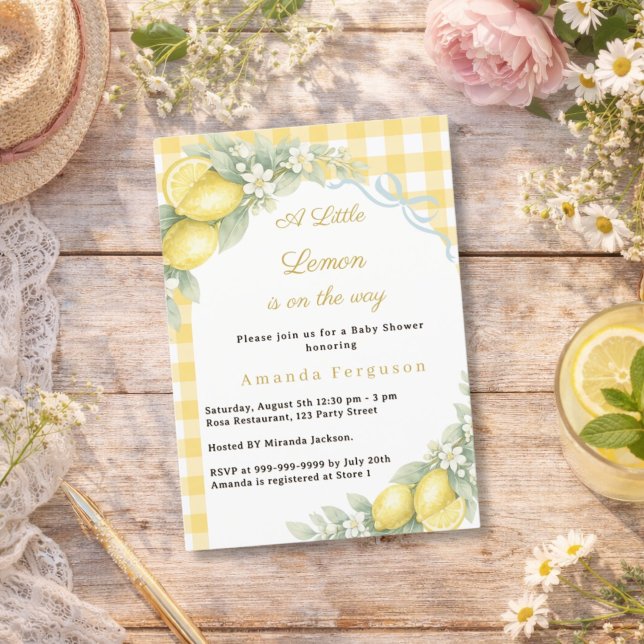 Invitation Baby Shower garçon ruban bleu gingham citron citru (Créateur téléchargé)