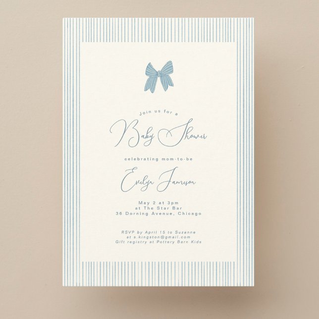 Invitation Baby shower garçon ruban rayé bleu classique (Créateur téléchargé)