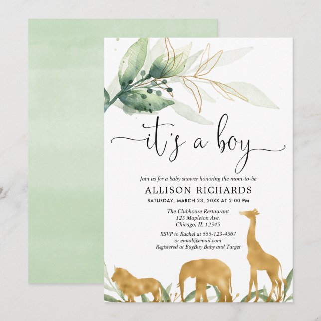 Invitation Baby shower garçon, safari jungle animaux en or (Devant / Derrière)