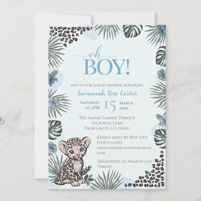 Invitation Baby Shower Garçon Safari Léopard Mignon (Devant)