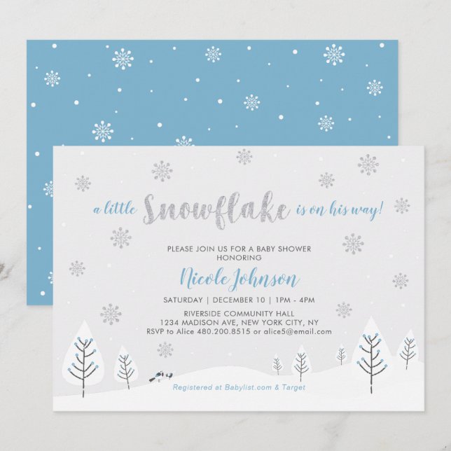 Invitation Baby shower Garçon Silver & Blue Winter Wonderland (Devant / Derrière)