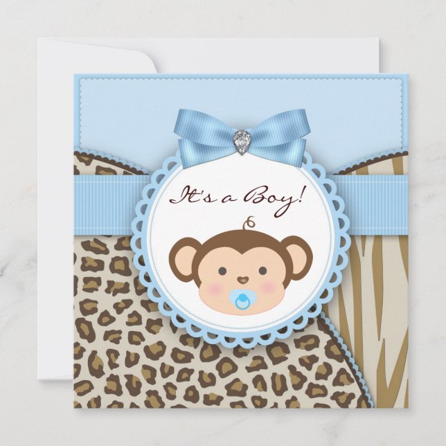 Invitation Baby Shower Garçon Singe Brun Bleu (Devant)