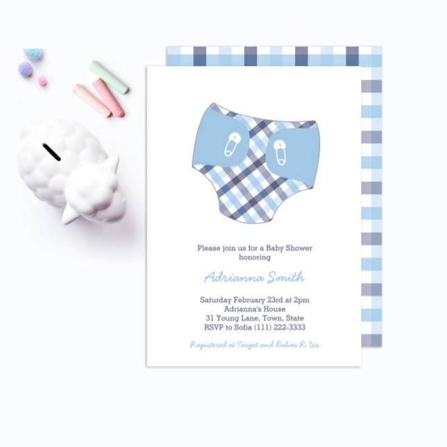 Invitation Baby shower garçon Smart Blue Check Diaper (Créateur téléchargé)