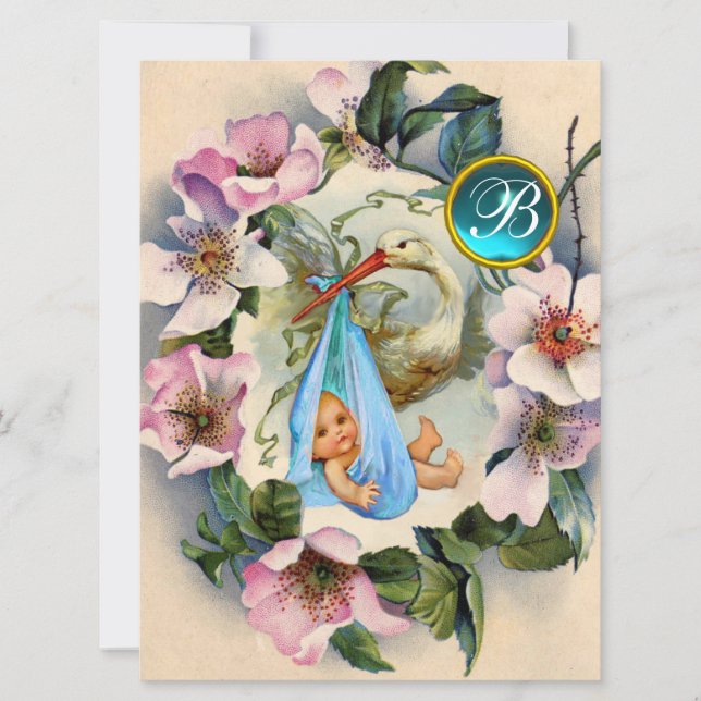 INVITATION BABY SHOWER GARÇON STORK, MONOGRAM ROSE SAUVAGE RO (Devant)