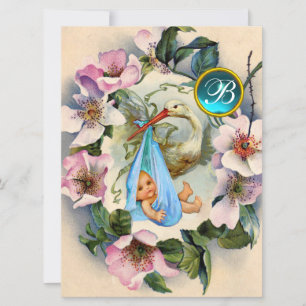 INVITATION BABY SHOWER GARÇON STORK, MONOGRAM ROSE SAUVAGE RO