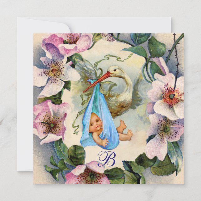 INVITATION BABY SHOWER GARÇON STORK, MONOGRAM ROSE SAUVAGE RO (Devant)