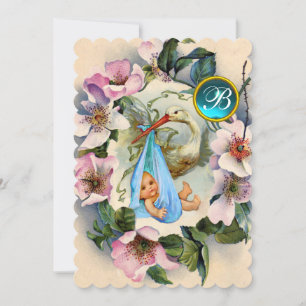 INVITATION BABY SHOWER GARÇON STORK, MONOGRAM ROSE SAUVAGE RO