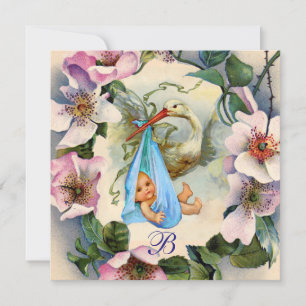 Invitation BABY SHOWER GARÇON STORK, ROSE SAUVAGE ROSE Merci