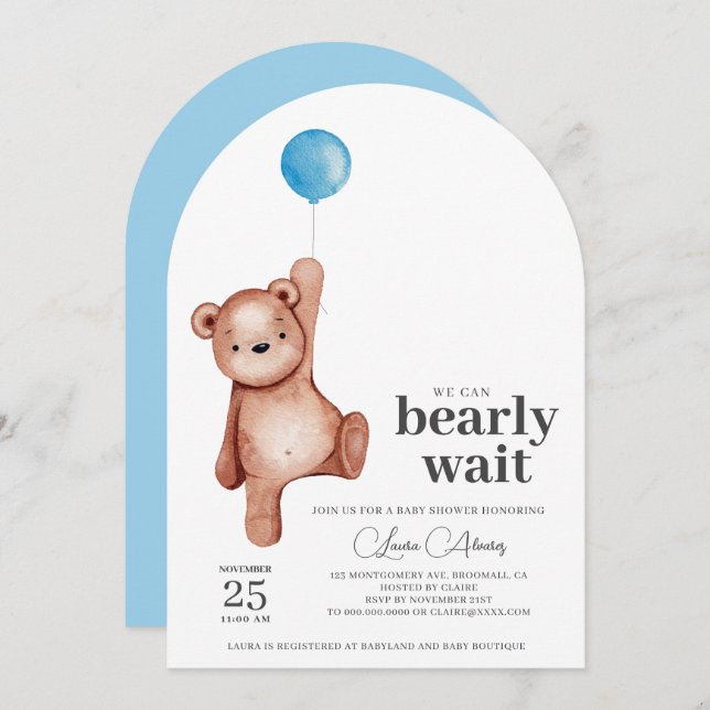Invitation Baby shower Garçon Teddy Bear (Devant / Derrière)