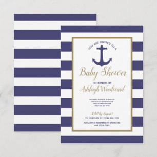 Invitation Baby Shower Garçon Thème Ancre Marine Rayures Bleu