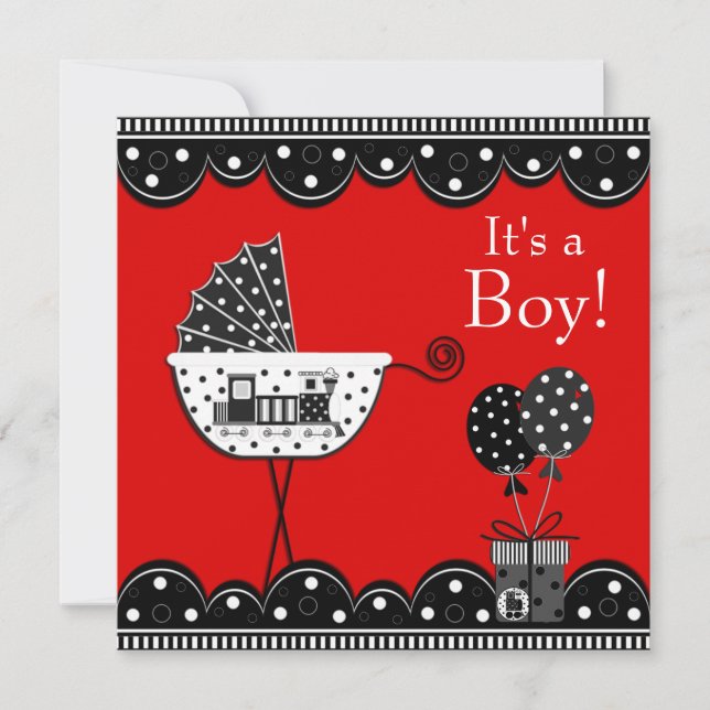 Invitation Baby-Shower Garçon Train Rouge et Noir (Devant)
