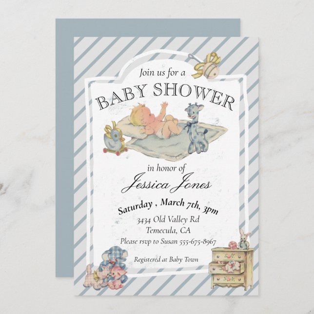 Invitation Baby shower Garçon Vintages animaux farcis (Devant / Derrière)