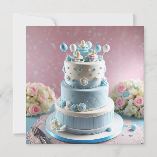 INVITATION BABY SHOWER, GÂTEAU BLEU & BLANC AVEC PACIFIQUES (Devant)