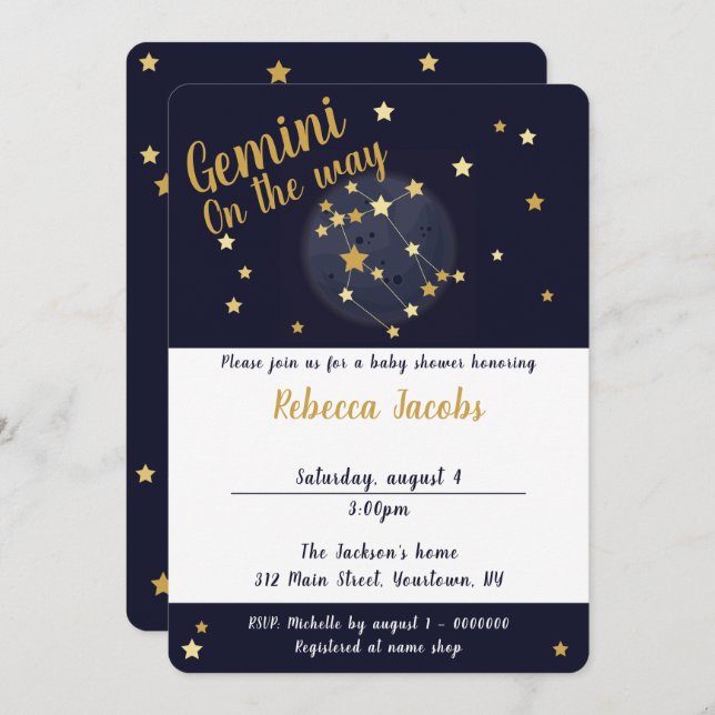 Invitation Baby shower Gemini zodiac (Devant / Derrière)