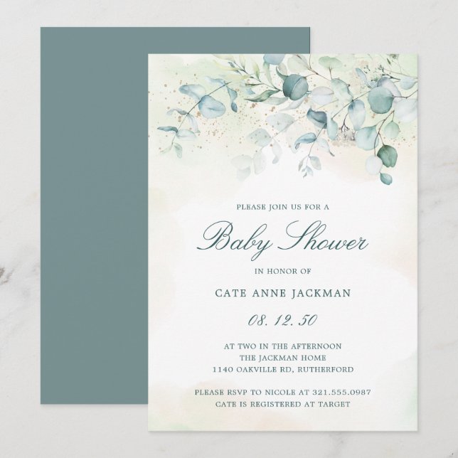 Invitation baby shower Genre Neutre Eucalyptus Verdure (Devant / Derrière)