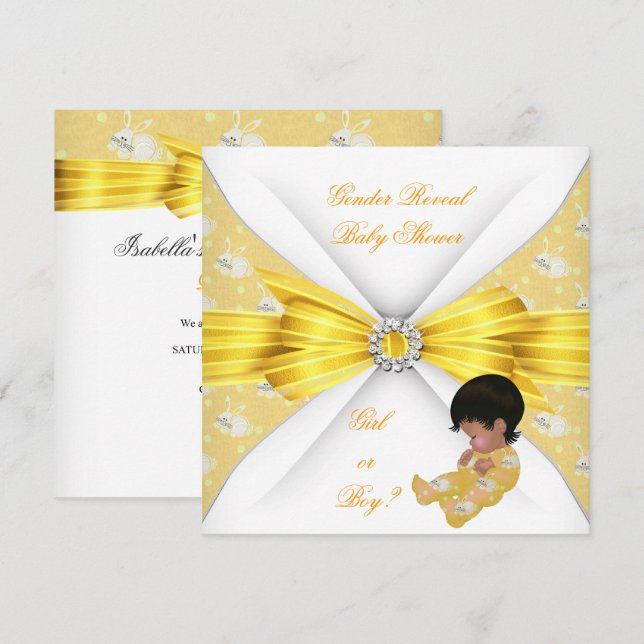 Invitation Baby shower Genre Révéler Fille Jaune Garçon Bunny (Devant / Derrière)