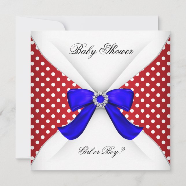 Invitation Baby shower Genre Révéler Rouge Blanc Bleu Polka P (Devant)