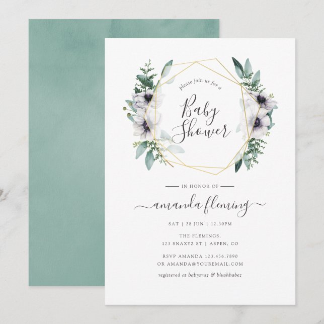 Invitation Baby Shower Géométrique Anémone Eucalyptus Pastel (Devant / Derrière)