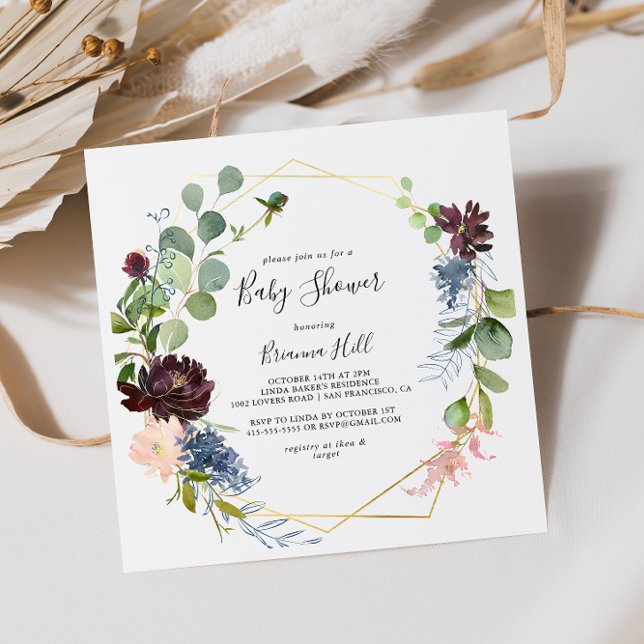 Invitation Baby shower géométrique de l'or de Bourgogne (Créateur téléchargé)