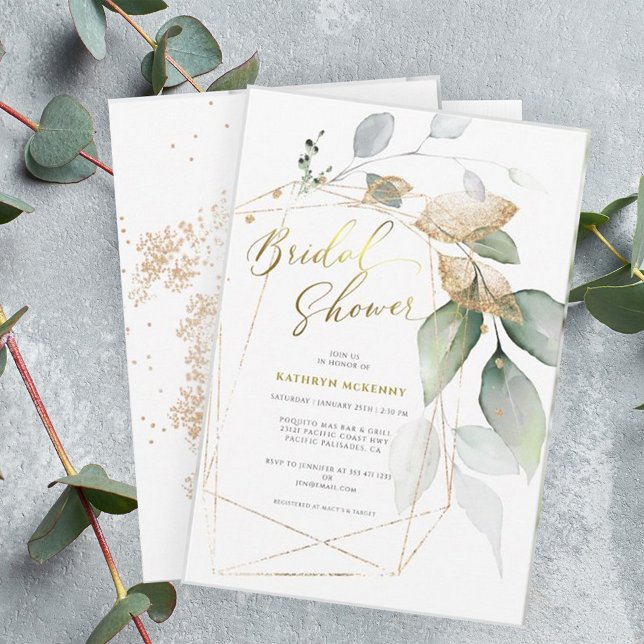 Invitation Baby Shower Géométrique Doré avec Eucalyptus (Créateur téléchargé)
