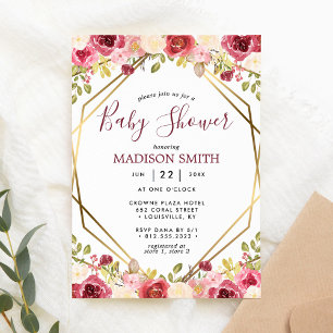 Invitation Baby shower géométrique Floral d'or de Bourgogne