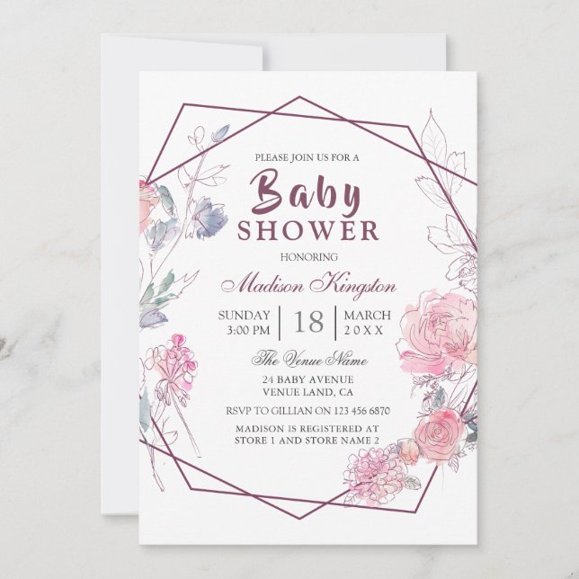 Invitation Baby Shower Géométrique Floral Rose Moderne (Devant)