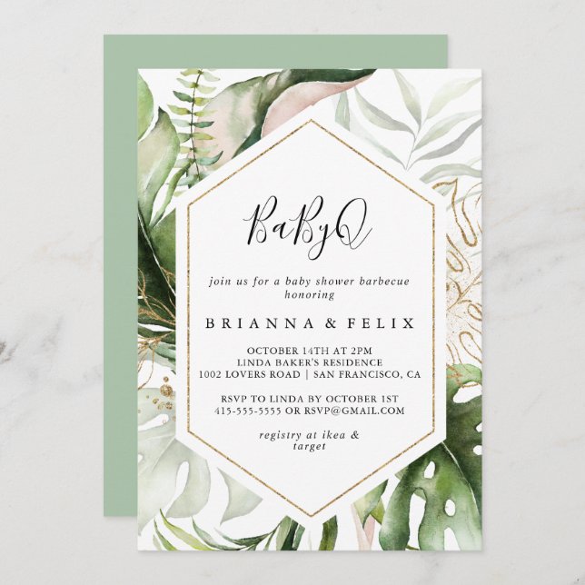 Invitation Baby shower Géométrique Gold Tropical BabyQ Barbec (Devant / Derrière)