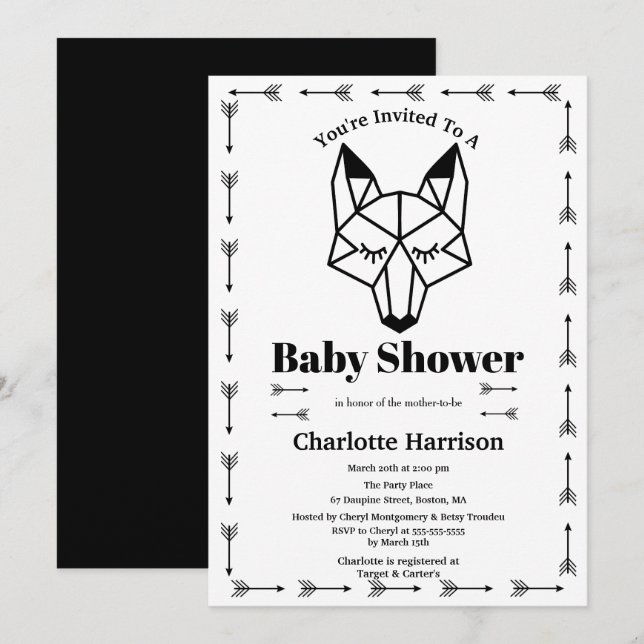 Invitation Baby shower géométrique moderne Fox & Flèche (Devant / Derrière)