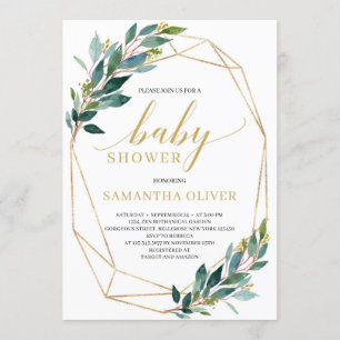 Invitation Baby shower géométrique moderne vert eucalyptus or