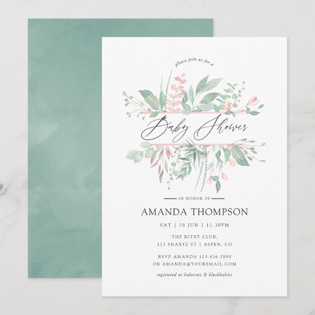 Invitation Baby Shower Géométrique Pastel en Verdure (Devant / Derrière)
