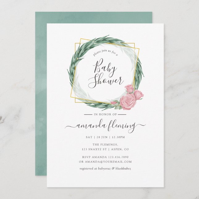 Invitation Baby shower géométrique Rose Eucalyptus aquarelle (Devant / Derrière)