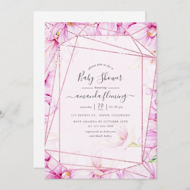 Invitation Baby shower géométrique rose Gold et rose Magnolia (Devant / Derrière)