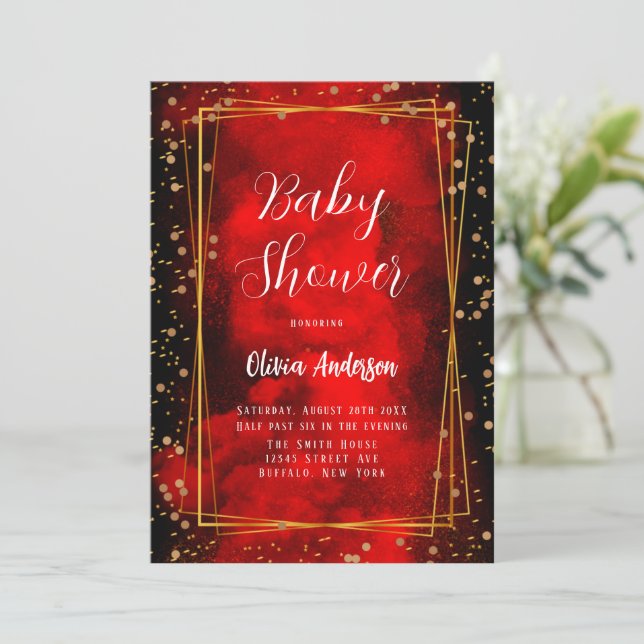 Invitation Baby shower géométrique rouge et noir Smokey Gold (Debout devant)