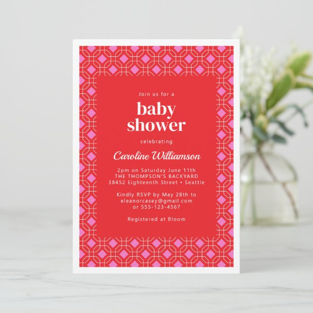 Invitation Baby shower géométrique rouge moderne et brillant (Debout devant)
