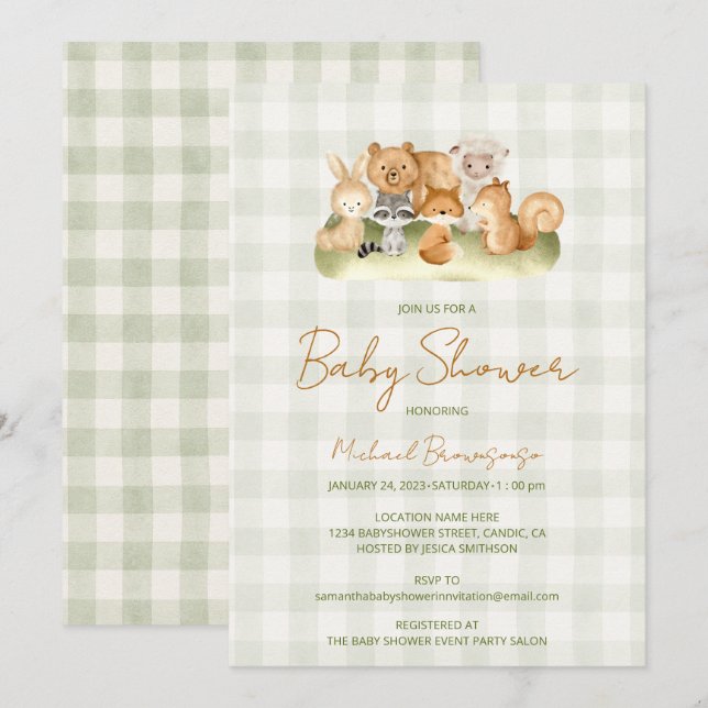 Invitation Baby Shower Gingham Animaux de la Forêt (Devant / Derrière)