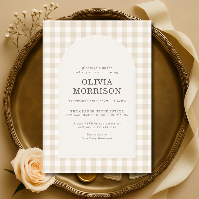 Invitation Baby-Shower Gingham Beige Mixte (Créateur téléchargé)