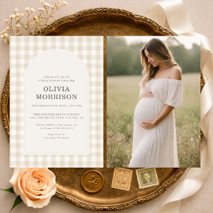 Invitation Baby-Shower Gingham Beige Mixte avec Photo