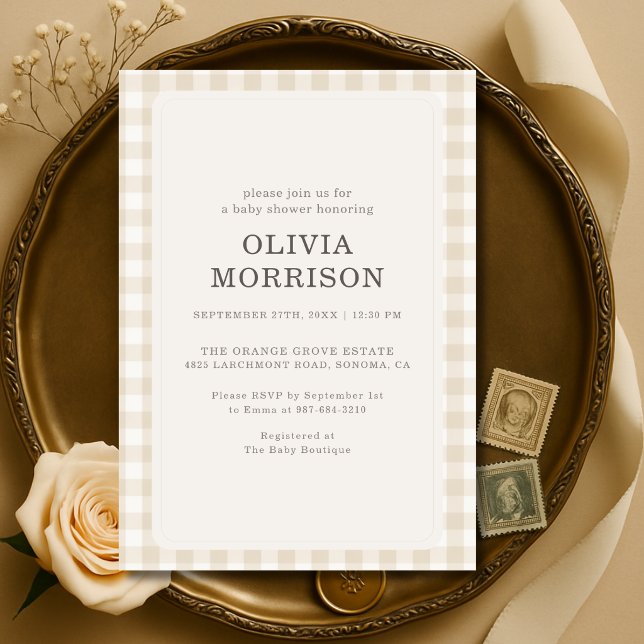Invitation Baby-Shower Gingham Beige Neutre (Créateur téléchargé)