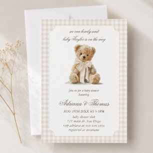 Invitation Baby Shower Gingham Beige Neutre Ours