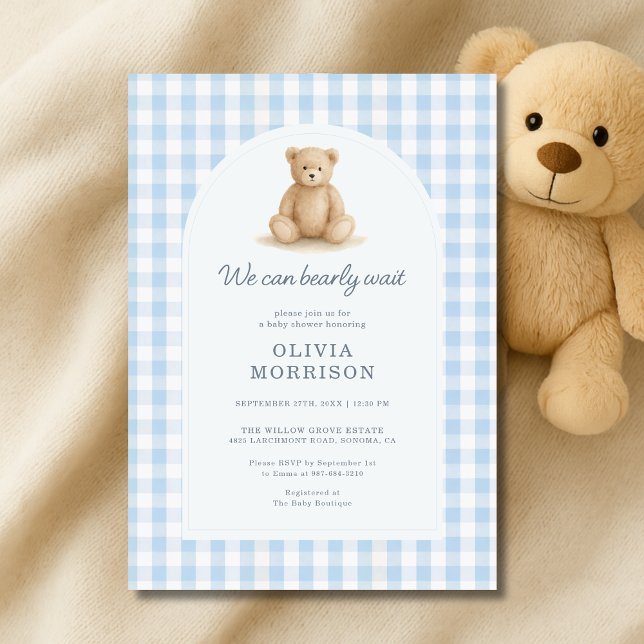 Invitation Baby Shower Gingham Bleu On Attend à Pe (Créateur téléchargé)