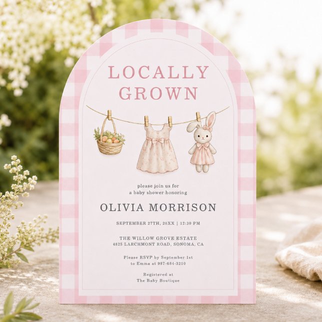 Invitation Baby Shower Gingham Fille Rose Cultivée Localement (Créateur téléchargé)