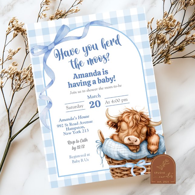 Invitation Baby Shower Gingham Prépa Bleu Vache (Créateur téléchargé)