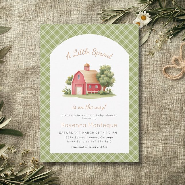 Invitation Baby Shower Gingham Vert Grange Rouge Petite Pouss (Créateur téléchargé)
