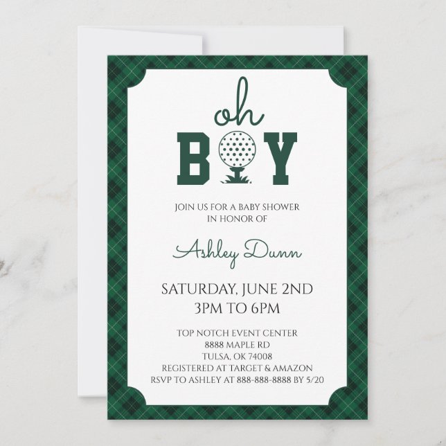 Invitation Baby Shower Gingham Vert pour Golfeur (Devant)