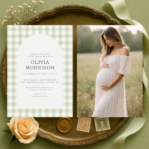 Invitation Baby-Shower Gingham Vert Sauge avec Photo