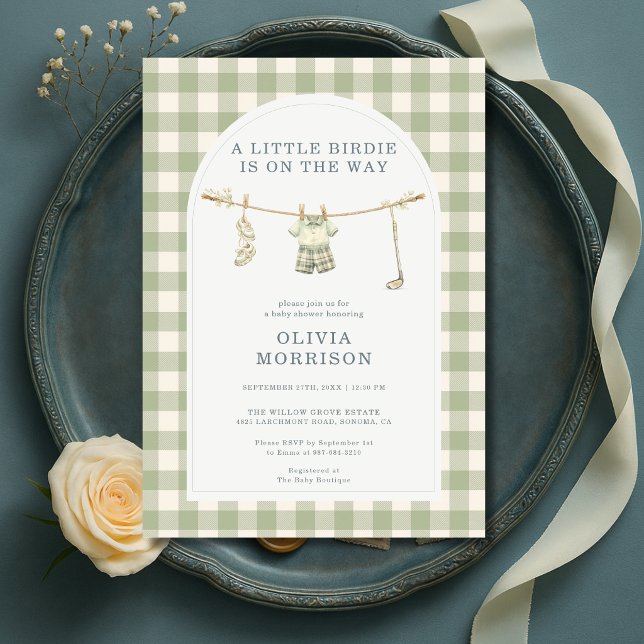 Invitation Baby Shower Gingham Vert Sauge Golf (Créateur téléchargé)
